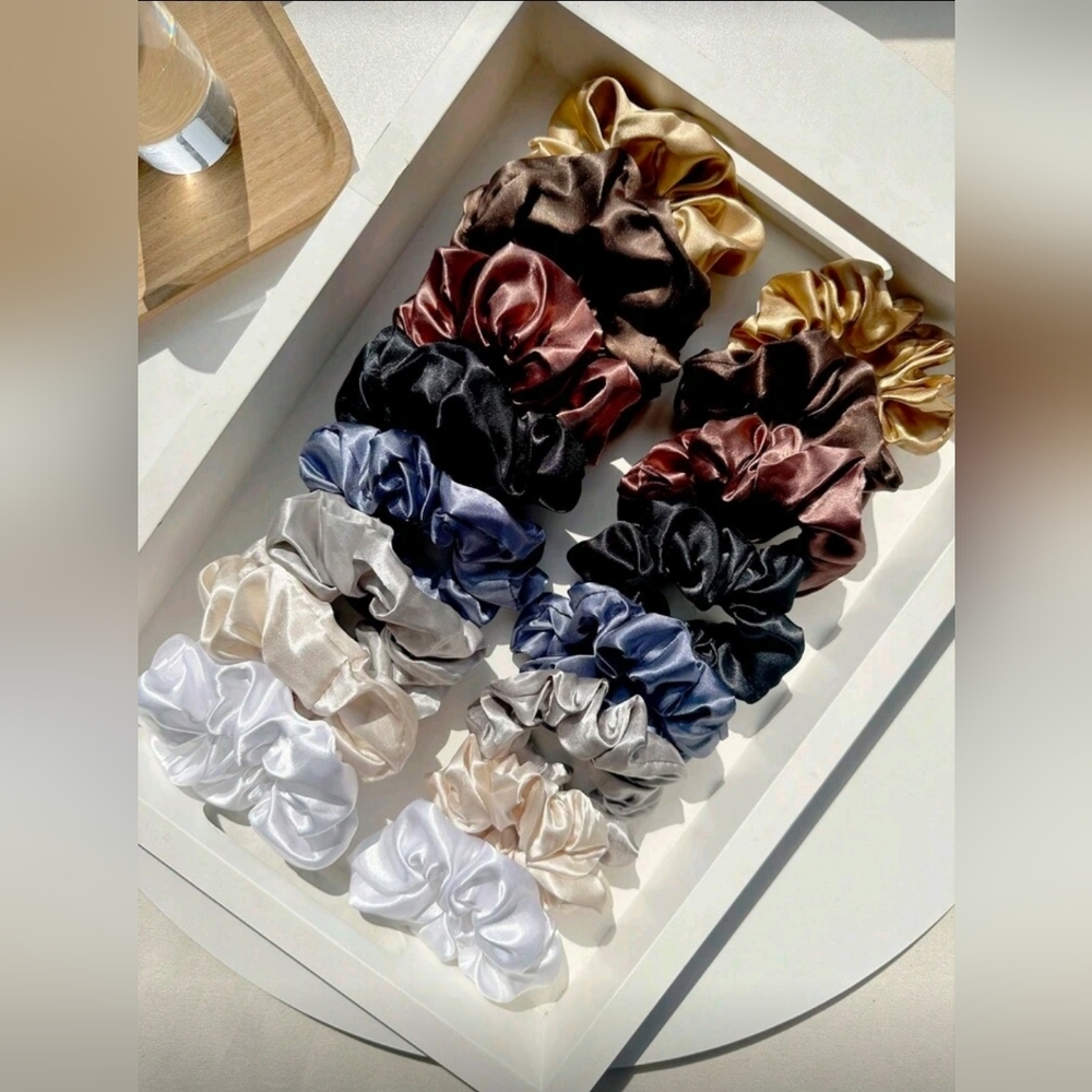 16 Pack Elegant Satin Scrunchies Set - Gold, Brown, Black, White